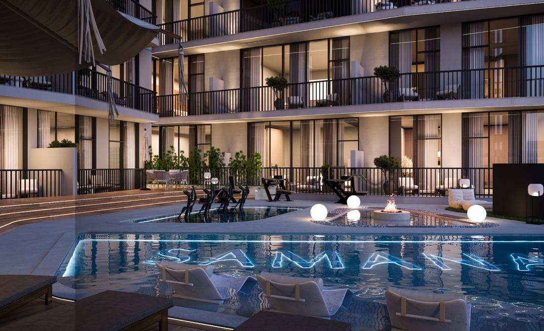 Resort pool courtyard at night
